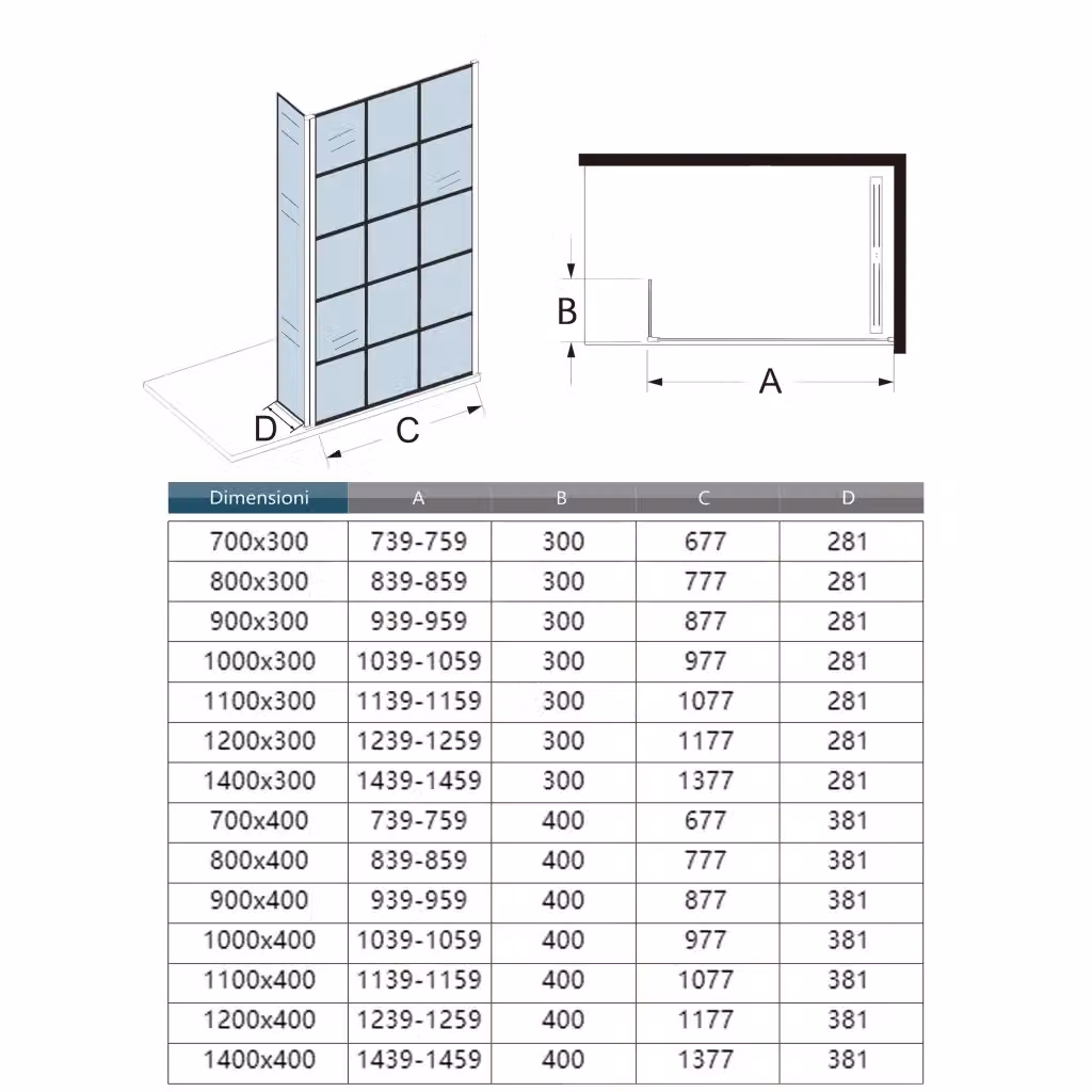 Box Doccia Walk-in AICA ITALY con Parete Fissa e Paraspruzzo, Vetro Temperato da 8 mm Trasparente con Serigrafia Riquadri Neri e Barra Stabilizzatrice, L: 110 cm, H: 200 cm – 2