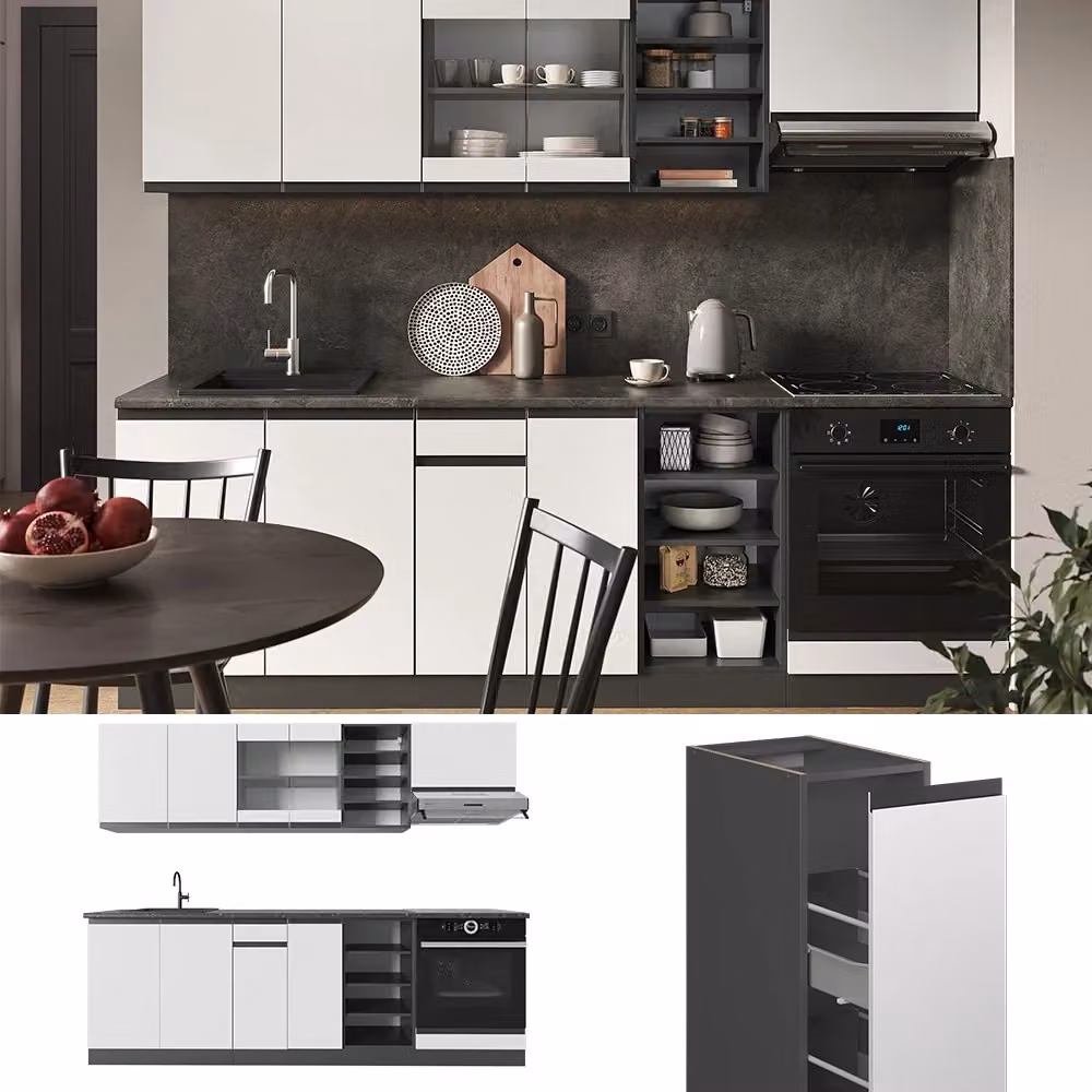 Cucina componibile Vicco R-Line J-Shape Bianco e Antracite con piano in marmo, L: 240 cm – 2