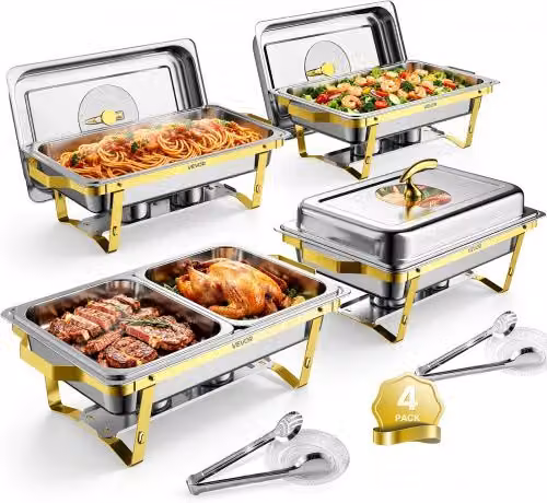 VEVOR Set Scaldavivande 4 pz per Alimenti Acciaio Inox 8,52L con Coperchio Contenitore per Buffet, Banchetti, Catering, Feste, Eventi, Coperchio in Vetro, 2 Vassoi Grandi, 2 Vassoi Medie Dimensioni