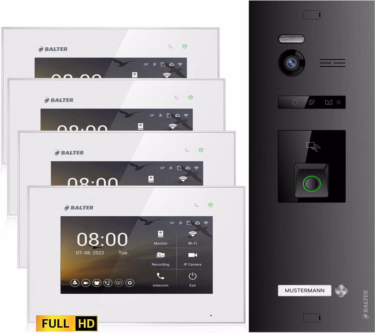 Videocitofono HD con impronta digitale e RFID per case monofamiliari, 4x monitor, Balter EVO HD Fingerprint