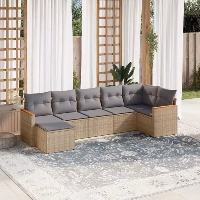 Set Divani da Giardino 7 pz con Cuscini Beige in Polyrattan 3258594