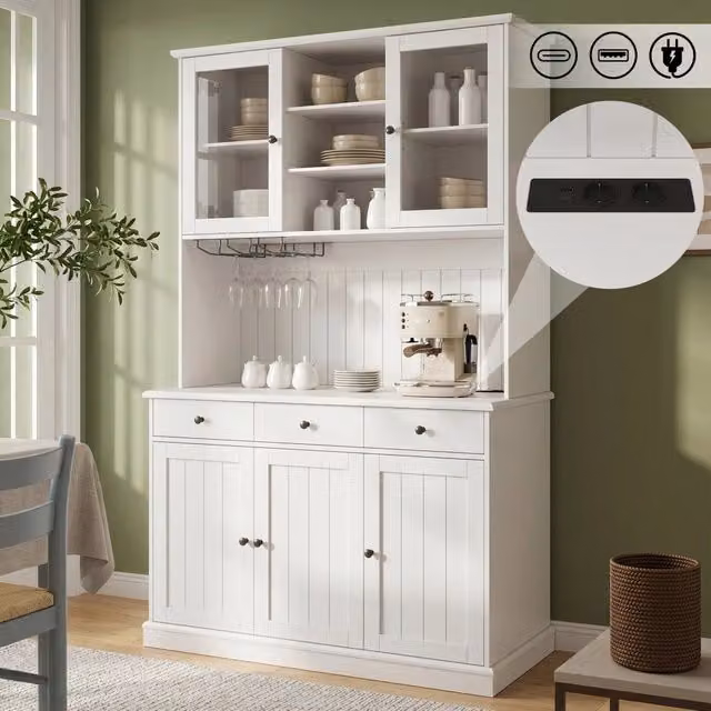 Credenza alta 120 x 40 x 191 cm con ante in vetro; porta calici e prese USB; bianca