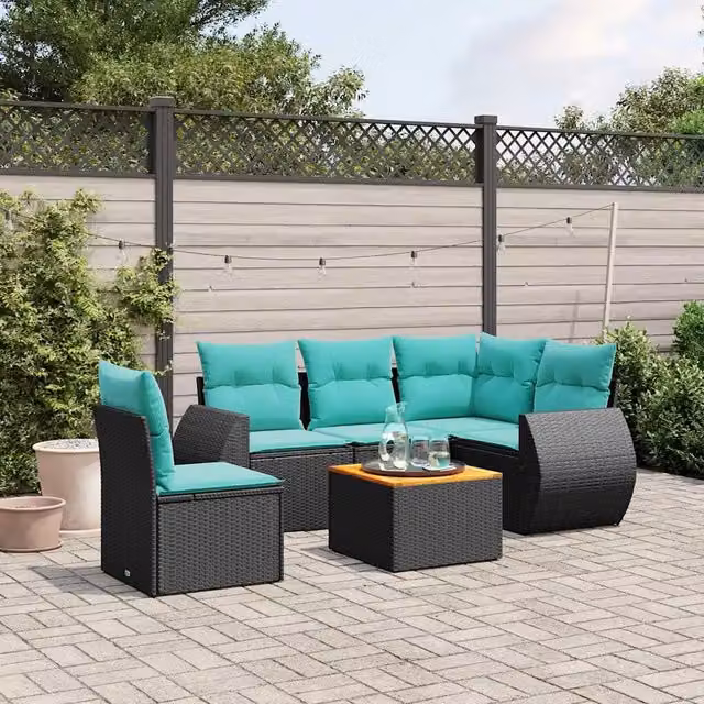 Set Divani da Giardino 6 pz con Cuscini Nero in Polyrattan 3225007