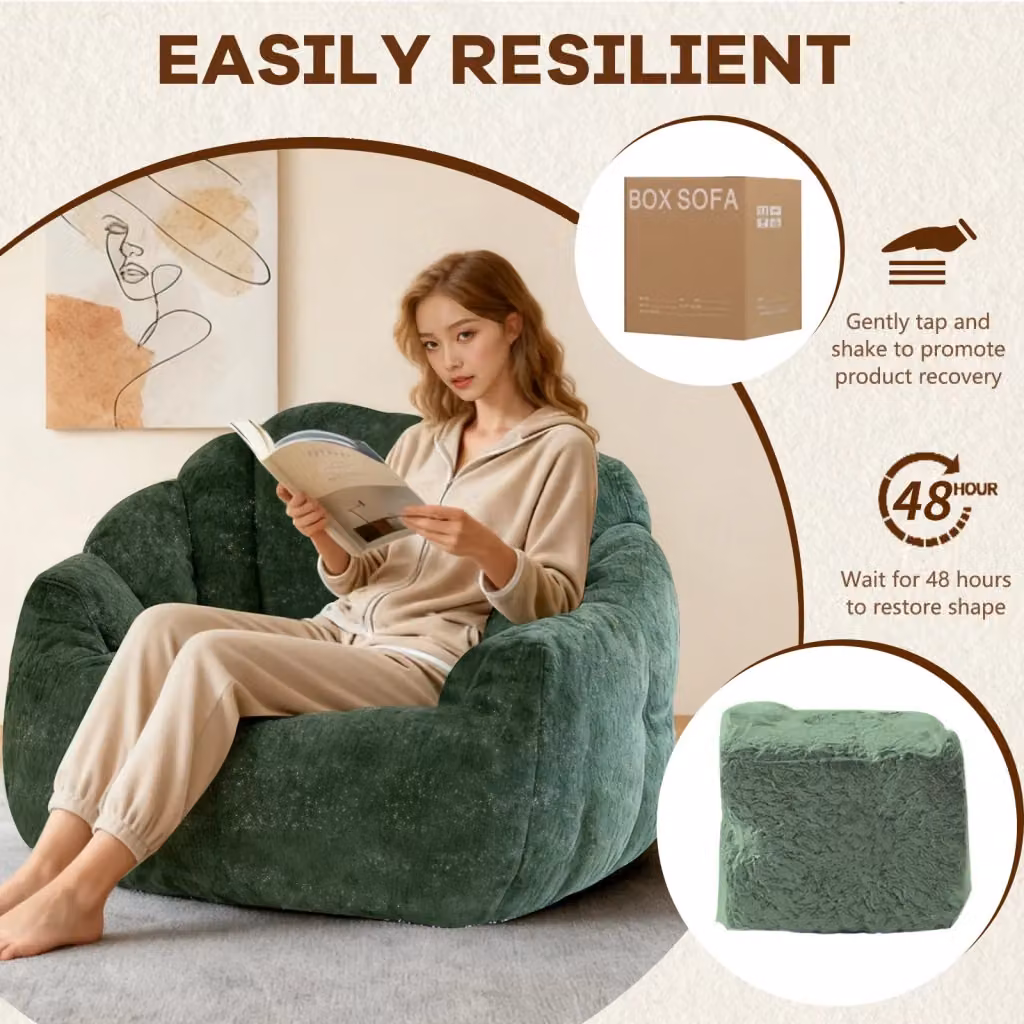 Poltrona pouf rotonda ergonomica OKWISH in flanella verde con supporto avvolgente, L: 49.0 cm, P: 40.0 cm, H: 28.0 cm – 2