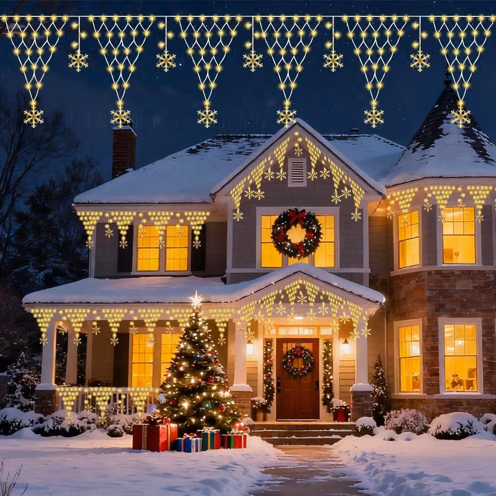 Catena luminosa a LED, 4 metri, 196 LED, 8 modalità, motivo a fiocchi di neve, grado di protezione IP67