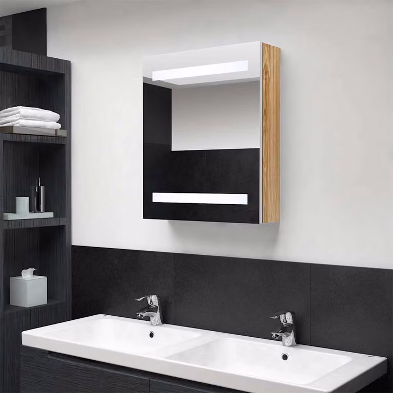 Armadietto da bagno moderno vidaXL con specchio e illuminazione LED, Bianco e Rovere, L: 50 cm, P: 14 cm, H: 60 cm