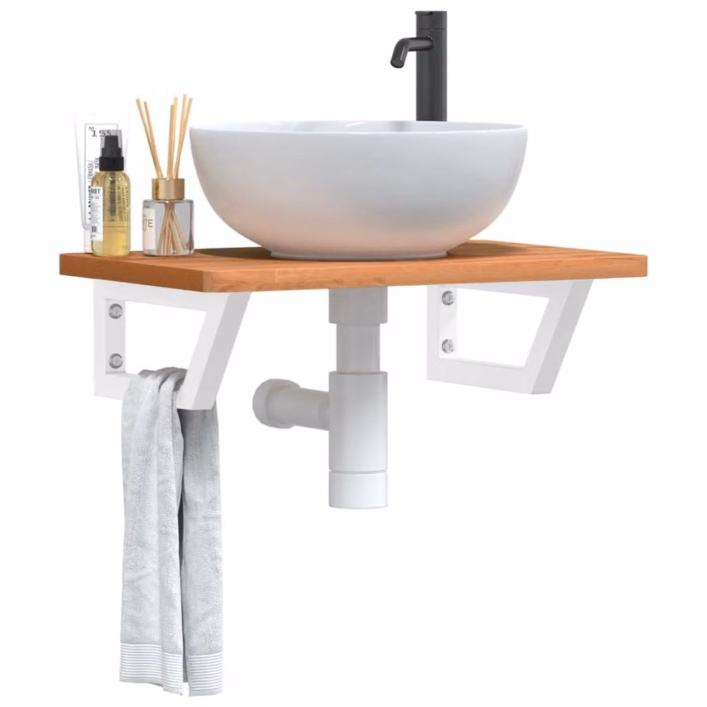 vidaXL Ripiano a Parete per Lavabo in Acciaio e Faggio Massello, Bianco e Marrone