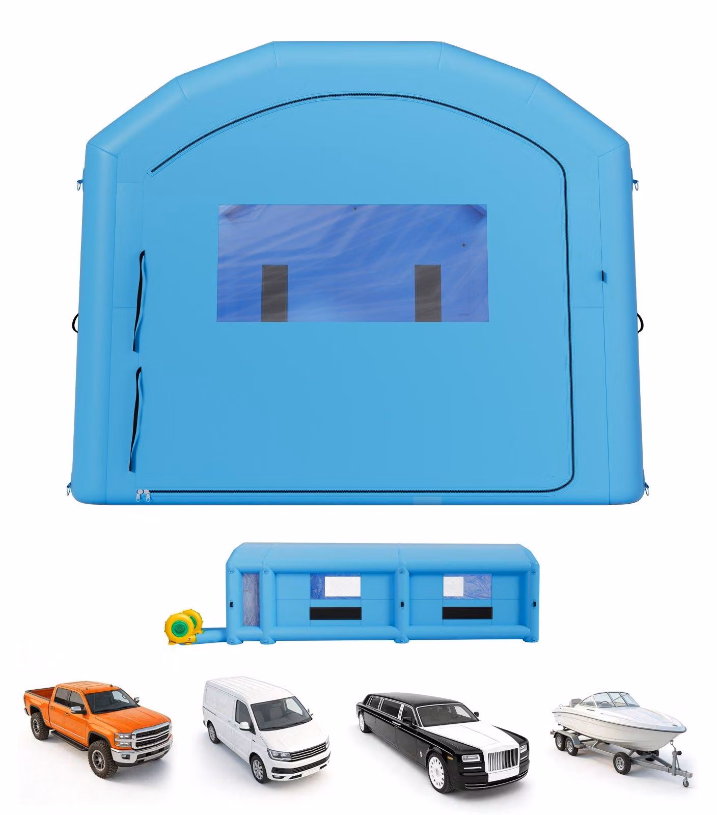 Cabina di verniciatura gonfiabile - Tenda per verniciatura, cabina di verniciatura 12 x 5 x 4 metri - 2 ventilatori da 950W e 1100W - Filtro a carbone attivo - Area spogliatoio - Tetto a volta - Adatta per pick-up e furgoni - Colore blu