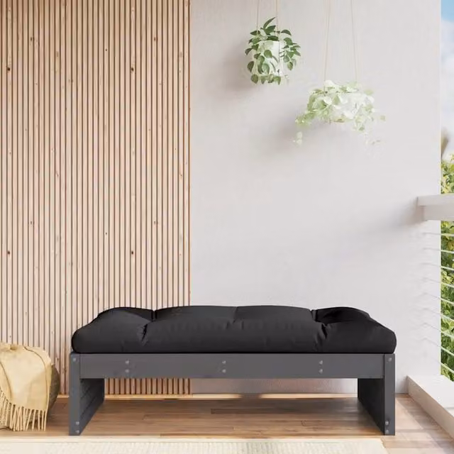 Poggiapiedi da giardino in legno massello di pino grigio con cuscini inclusi 120 x 80 cm