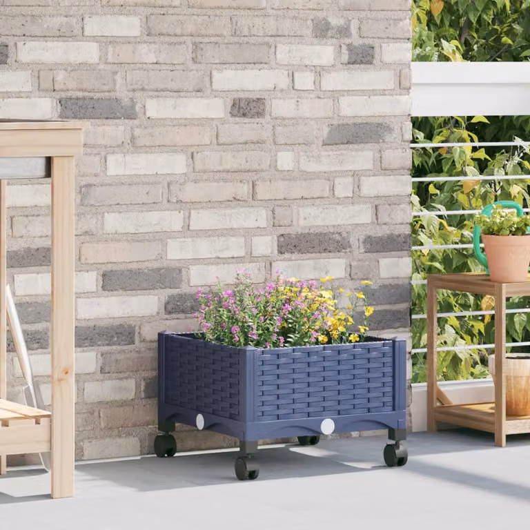 Vaso da giardino con ruote vidaXL in plastica, Blu e Grigio, L 40 x P 40 x H 29 cm