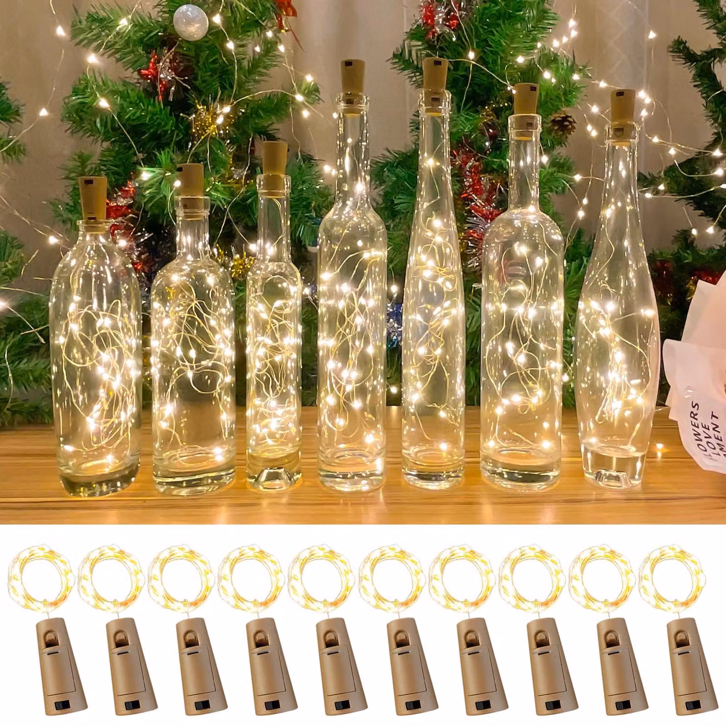 Catena luminosa a LED con tappi di sughero, 2 metri, 20 LED, luce bianco caldo, confezione da 10 pezzi