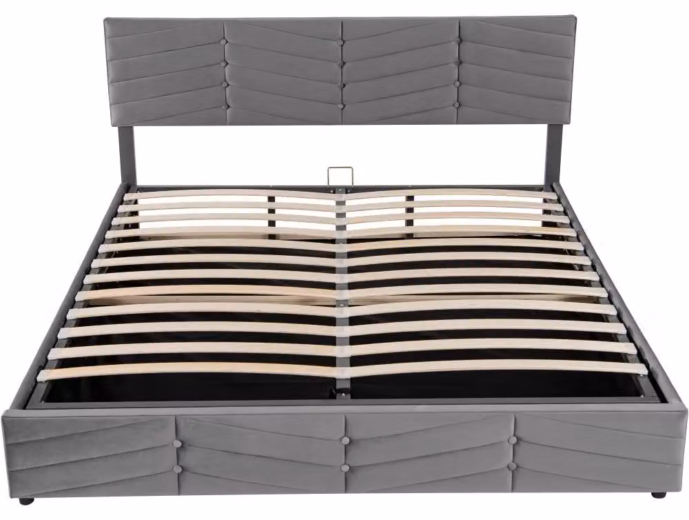 Letto matrimoniale – Letto a due piazze 160 x 200 cm – Rivestimento in velluto grigio – Contenitore a sollevamento idraulico – Poggiatesta regolabile in altezza – Struttura in legno – Design moderno