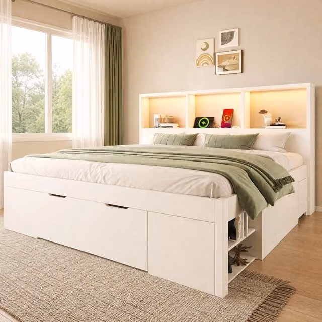 Letto matrimoniale 140 × 190 cm con due comodini mobili in legno bianco con LED e porte USB Type-C