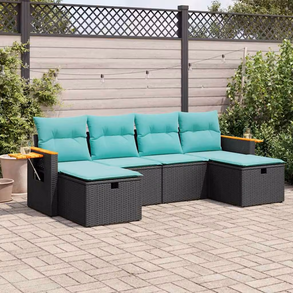Set Divano da Giardino a L vidaXL in Polyrattan Nero con 6 Cuscini e Ottoman