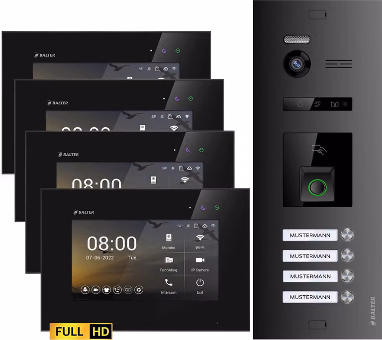 Videocitofono Balter EVO HD con impronta digitale e RFID per casa quadrifamiliare, 4x monitor