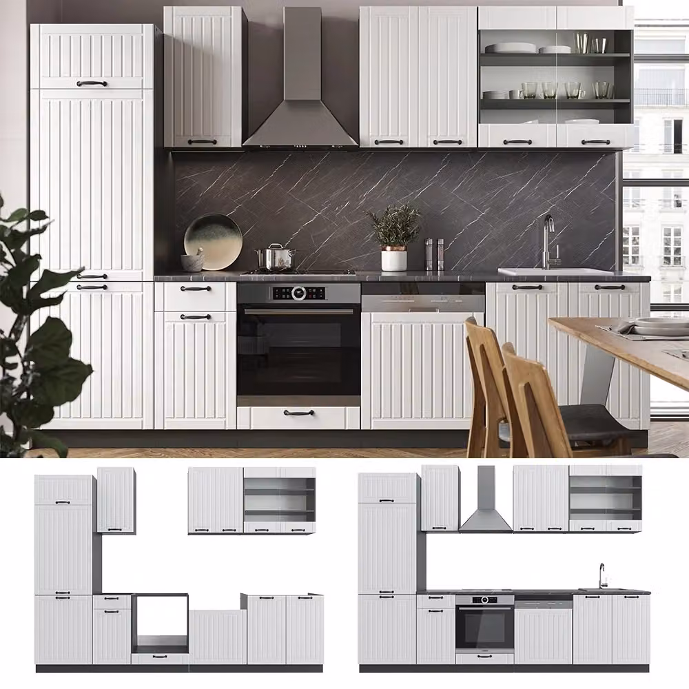 Cucina componibile Vicco Fame-Line in stile country house, Bianco rustico e Antracite, L: 300 cm – 2