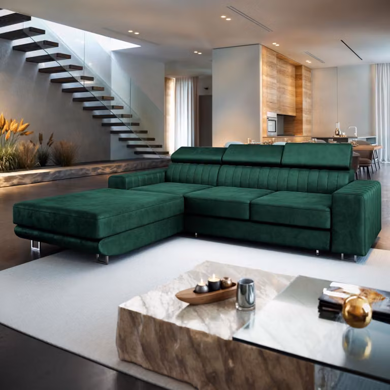 Divano angolare Masseno NOTO L-S con funzione letto a L, divano con box letto, divano da soggiorno, divano, divano letto, set di divani - verde, MONOLITH 37