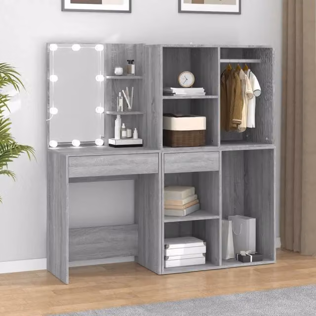 MERCATOXL Toeletta Moderna con LED e Armadietti in Legno Multistrato Grigio L: 140 cm, P: 40 cm, H: 60 cm