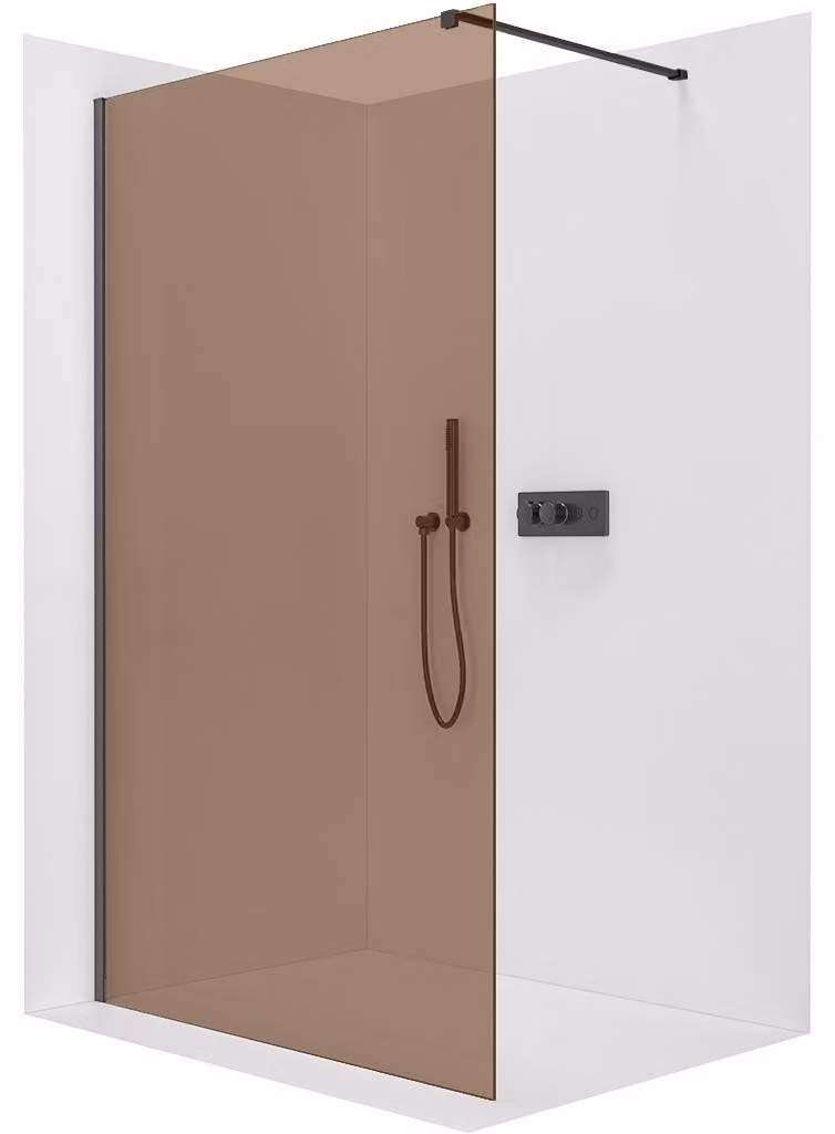 Pannello doccia angolare Walk-in Onyx Cube, versione sinistra/destra, vetro temperato da 8 mm, profilo quadrato nero opaco, vetro bronzato, dimensioni 150x200 cm