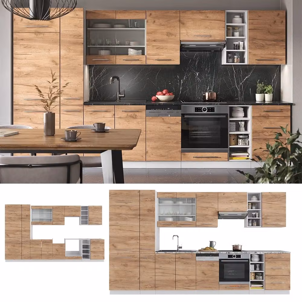 Cucina componibile moderna Vicco Fame-Line Rovere dorato e Bianco con piano Antracite, L: 355 cm – 2
