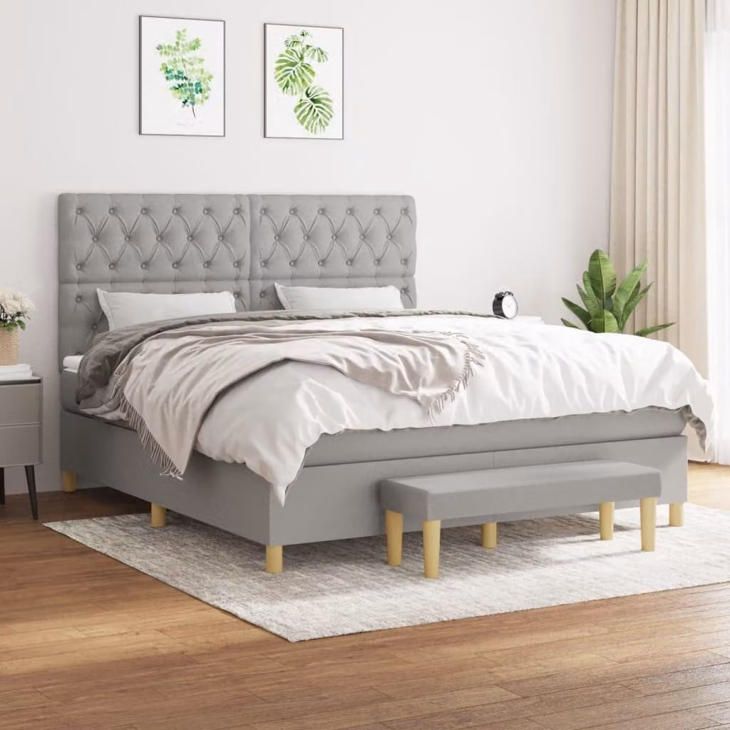 The Living Store Letto a molle con materasso grigio chiaro 160x200 cm in tessuto