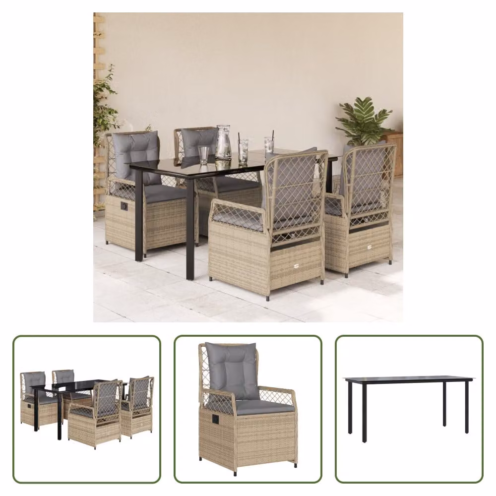 The Living Store Set da pranzo da giardino 5 pezzi con cuscini Beige poly rattan