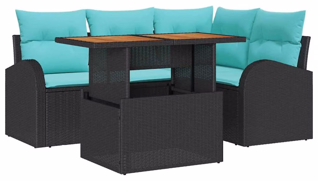 Set da giardino composto da 5 pezzi, colore nero, in rattan sintetico