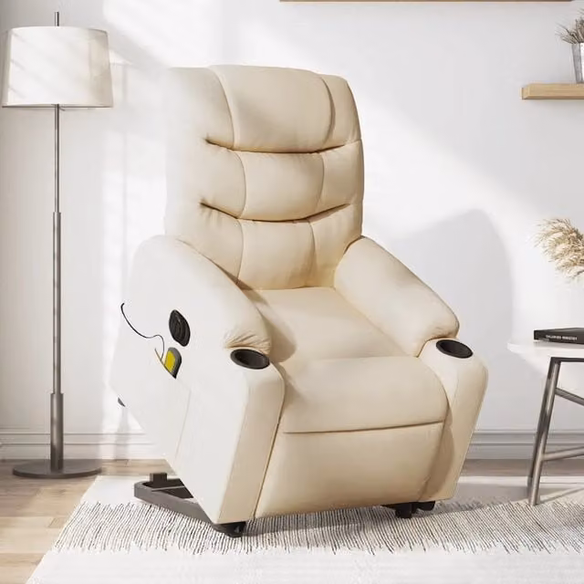 Poltrona Alzapersona Massaggiante Elettrica vidaXL in Tessuto Beige con Braccioli e Supporto per Senior