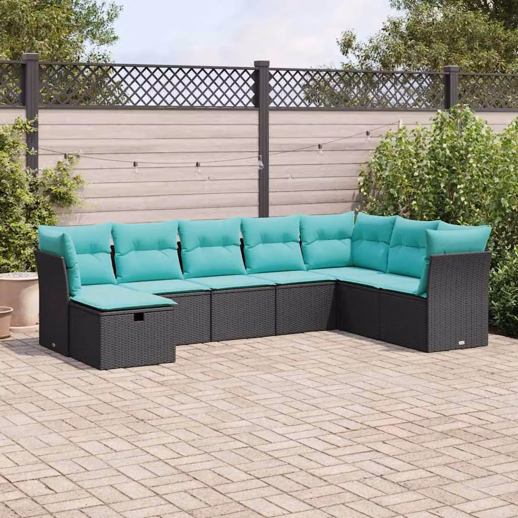 Set Divani da Giardino a L vidaXL in Polyrattan con Cuscini, 8 Pezzi, Nero e Blu