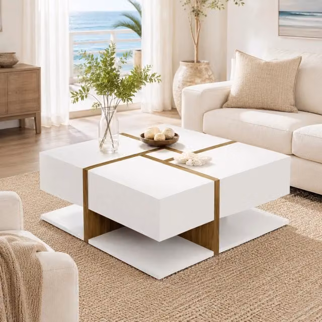 Tavolino basso Mivray con 4 cassetti e ripiano inferiore, finitura lucida bianco e legno, L/P/H: 78 x 78 x 34.8 cm