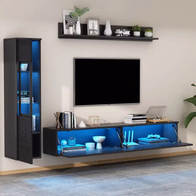 Set di mobili da soggiorno 3 pezzi con mobile TV vetrina mensola sospesa LED RGB nero senza maniglie