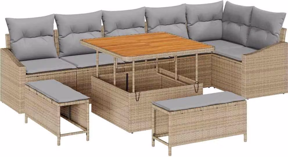 Set Divano da Giardino con cuscino 9 pcs Beige polyrattan
