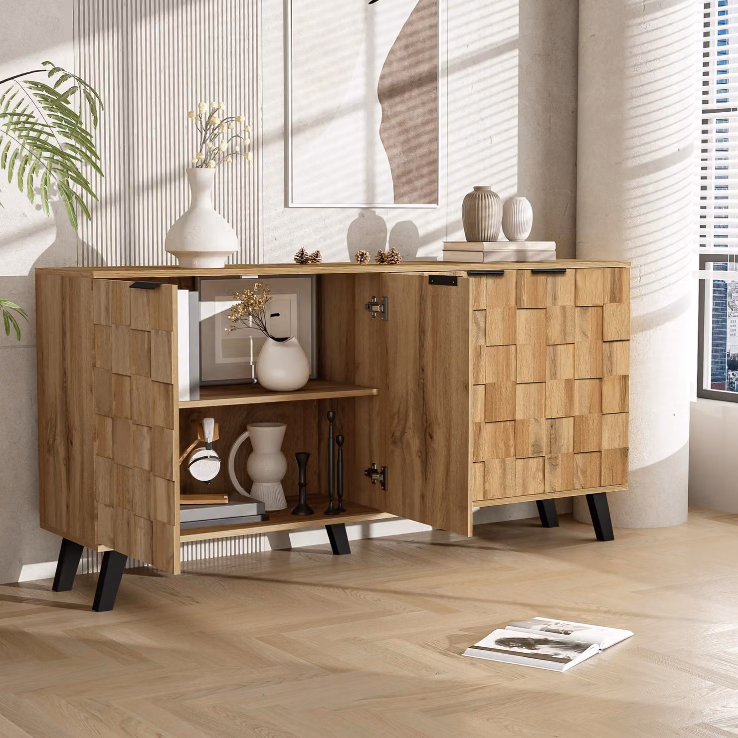 Merax Credenza moderna a 4 ante in look legno, cassettiera con ampio spazio di archiviazione, mobile contenitore per soggiorno e sala da pranzo, natura