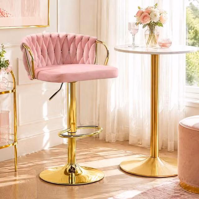 Sgabello da bar ULEVR rosa in velluto, altezza regolabile 77-98 cm, girevole a 360¡ã con schienale e braccioli