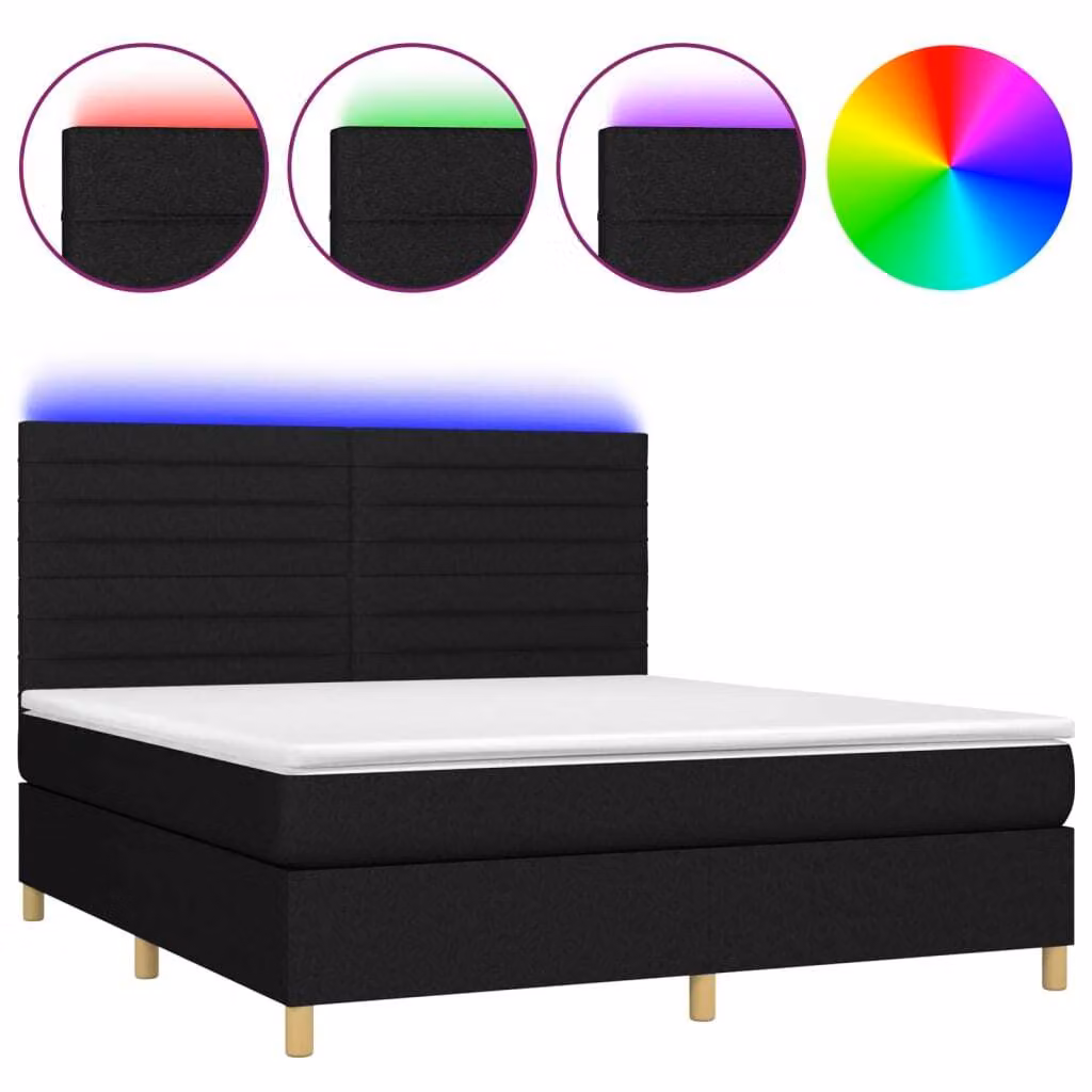 Letto a Molle con Materasso e LED Nero 160x200 cm in Tessuto