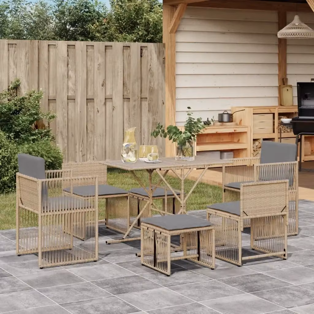 Set da Pranzo da Giardino 7 Pezzi in Polyrattan con Cuscini Beige e Grigio per Terrazza e Giardino – 2