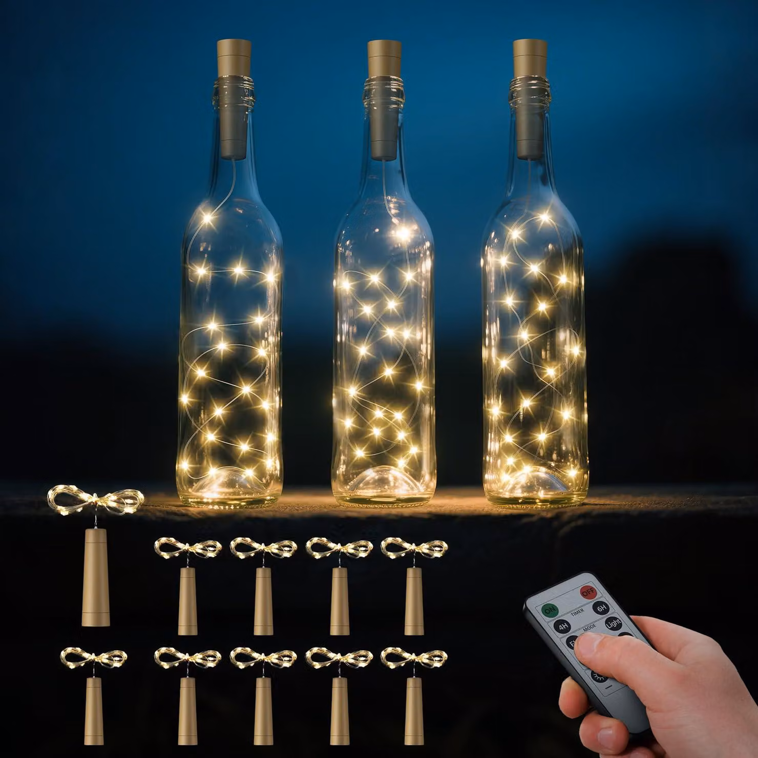 Confezione da 10 luci a LED per bottiglie, 20 lucine a luce calda, alimentate a batteria
