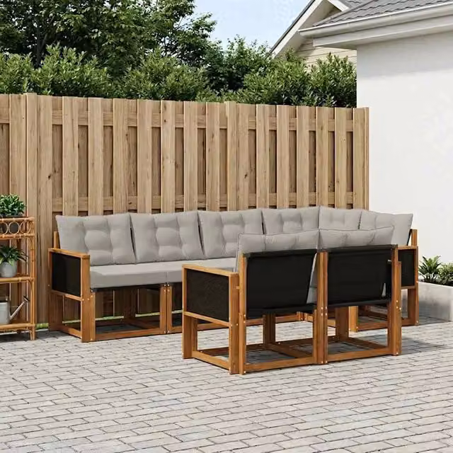 Set di divani da esterno a forma di U vidaXL in legno di acacia con cuscini beige e grigio – 1