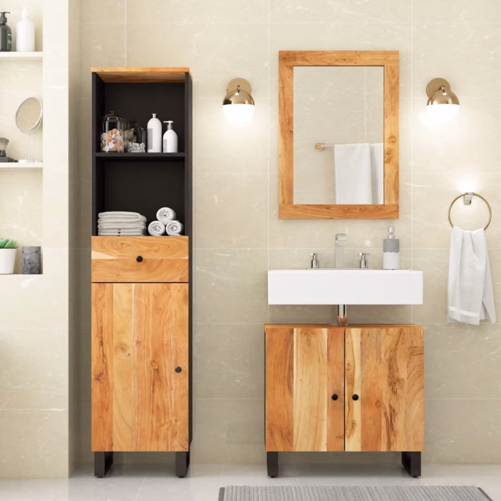 Set di mobili da bagno vidaXL in legno di acacia marrone composto da 3 pezzi con mobile lavabo, armadio alto e specchio