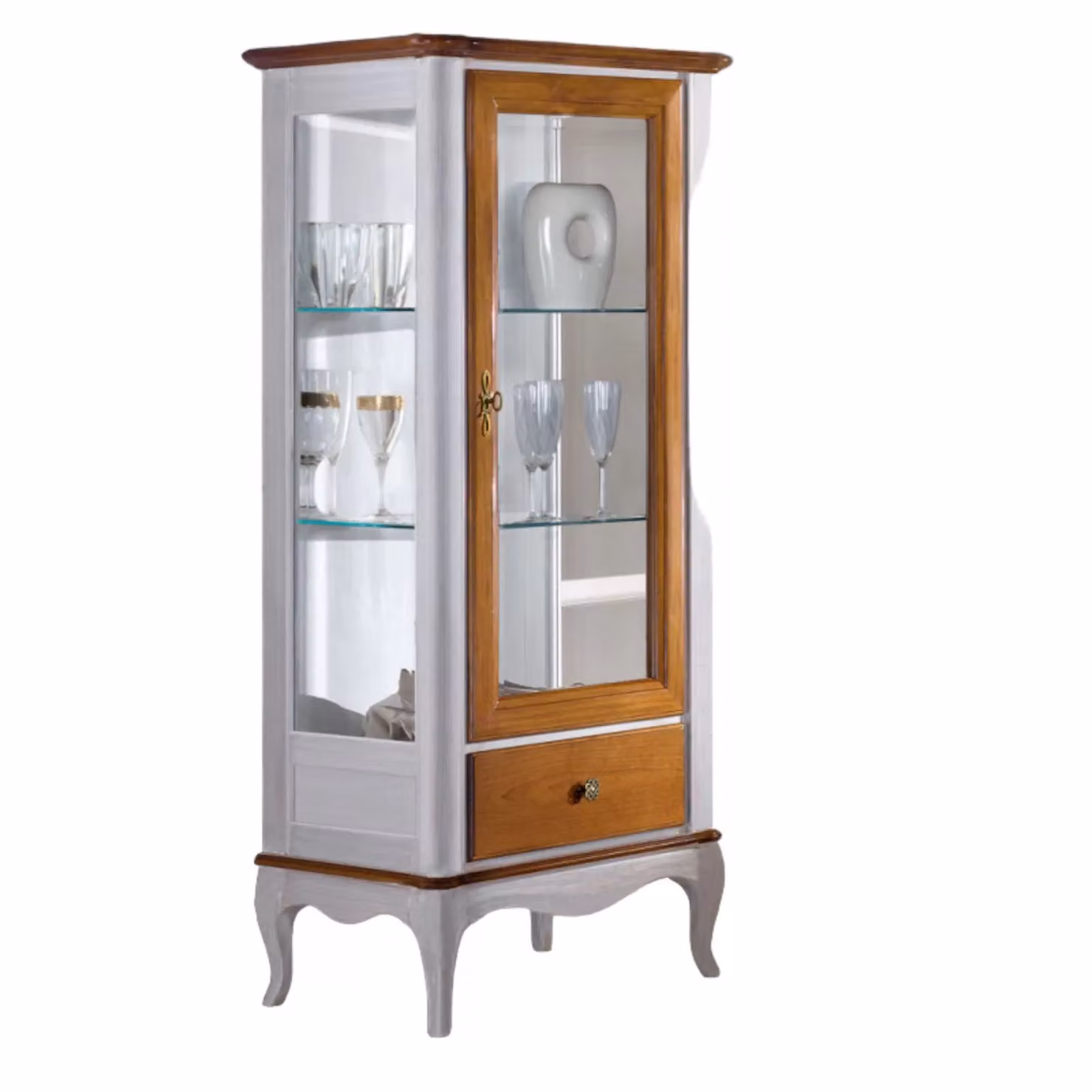 Vetrina classica provenzale in legno con ante in vetro e cassetto Mobili 2G L/P/H: 61 x 40 x 140 cm – 1