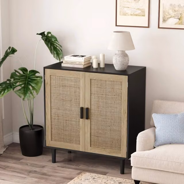 Mobile contenitore moderno a 2 ante in MDF e rattan nero per la tua sala da pranzo, Larghezza: 80 cm