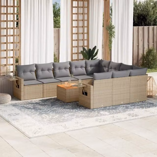 vidaXL Set Divano da Giardino 11 pz in Polyrattan con Cuscini Beige e Grigio e Tavolino da Caffè – 1