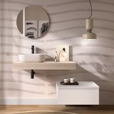 Composizione bagno Sumo con mensolone da 120 cm in rovere bali e cassettiera sospesa da 80 cm in bianco opaco