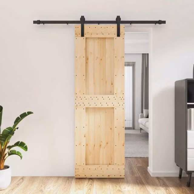 Porta scorrevole minimalist vidaXL in legno e acciaio, Colore Naturale e Nero, H: 210 cm, L: 70 cm – 1