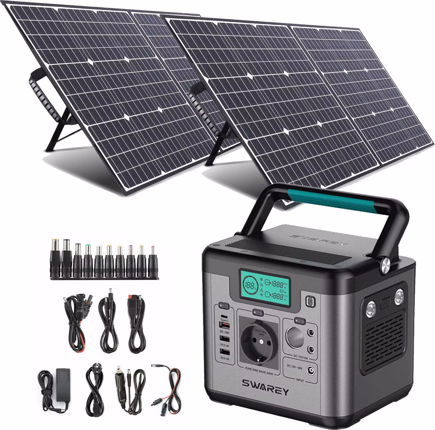 SWAREY S500 Pro 500W (picco 1000W) Stazione di alimentazione portatile Stazione di alimentazione 518Wh/144000mAh Generatore solare Caricabatterie solare Banca di alimentazione con 2x 100W Pannelli solari Sistemi solari Caricabatterie solare Cella solare B