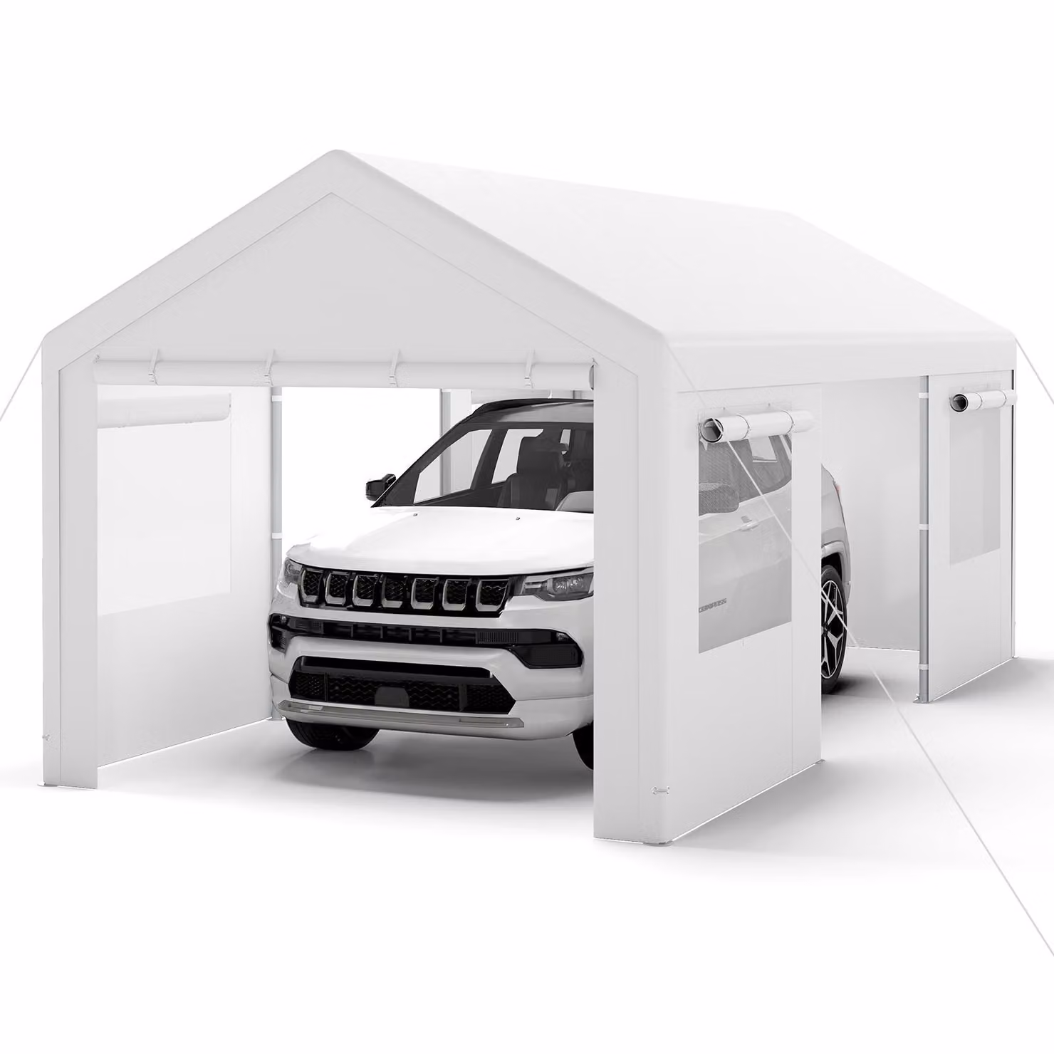 COSTWAY tenda garage carport, 586x305cm tenda garage a prova d'inverno, tenda deposito con pareti laterali rimovibili, porte a rullo e finestre ventilate bianco