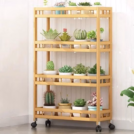 Carrello cucina, isola cucina, trolley su ruote, carrello da servizio, bamboo, carrello a ruote con 4 livelli, piccolo carrello a ruote per cucina da servizio, molto versatile (50 x 18 x 96 cm)