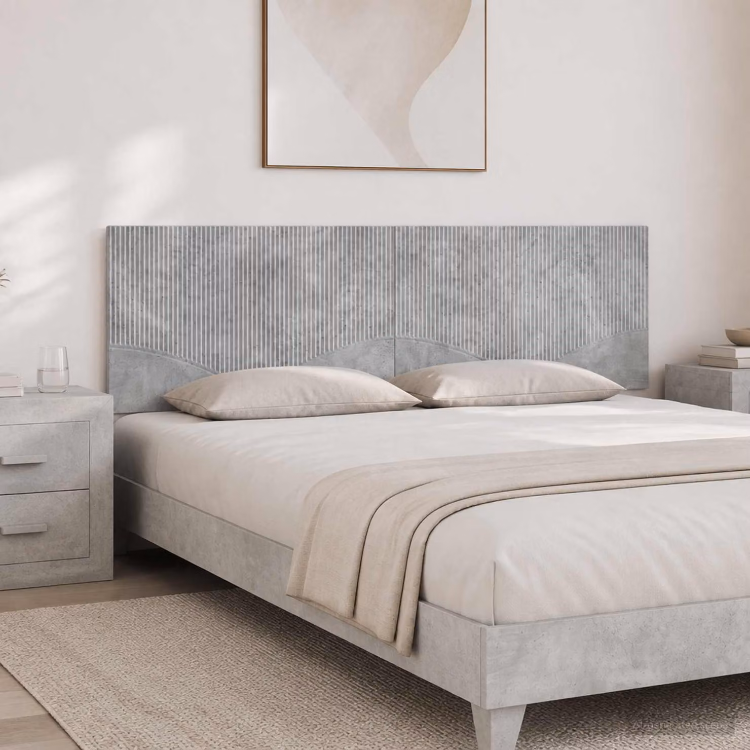 Testiera da muro vidaXL HOORN in tessuto grigio con mensola integrata e pannello imbottito in legno ingegnerizzato L: 200 cm, H: 50 cm, P: 17,39 cm