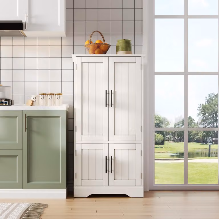Colonna da cucina Flieks con LED, mobile a 4 ante con ripiani e portaoggetti, 120x60x40 cm, adatto per cucina, sala da pranzo o soggiorno, bianco