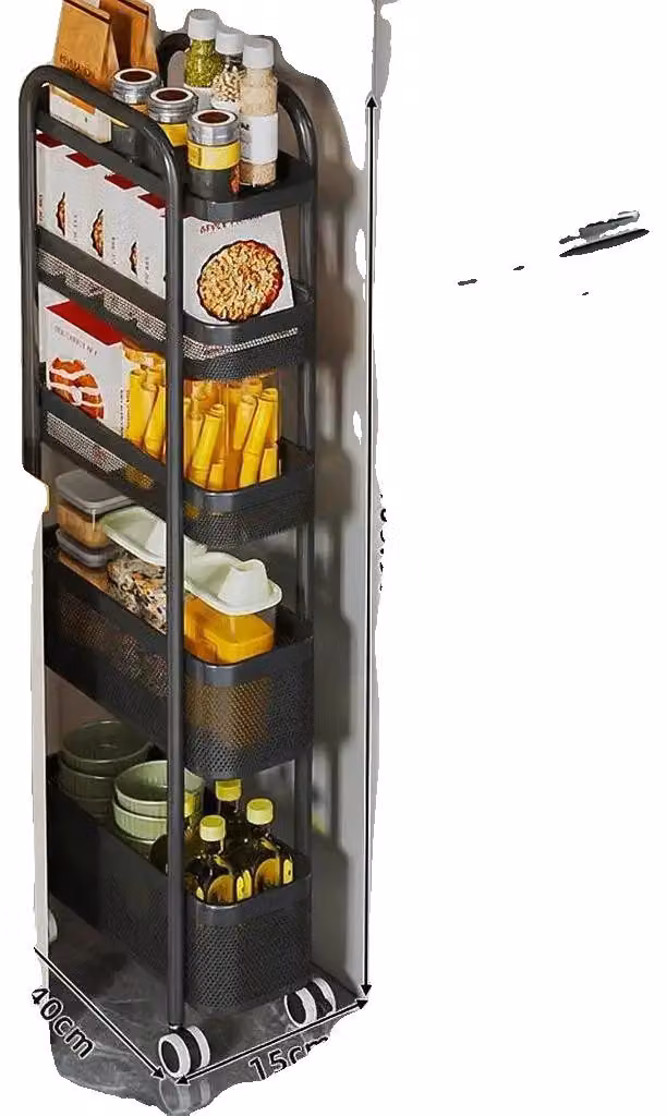 Carrello portabiti, design ultra-sottile, ruote silenziose, colore nero, 15 cm di larghezza, 5 ripiani
